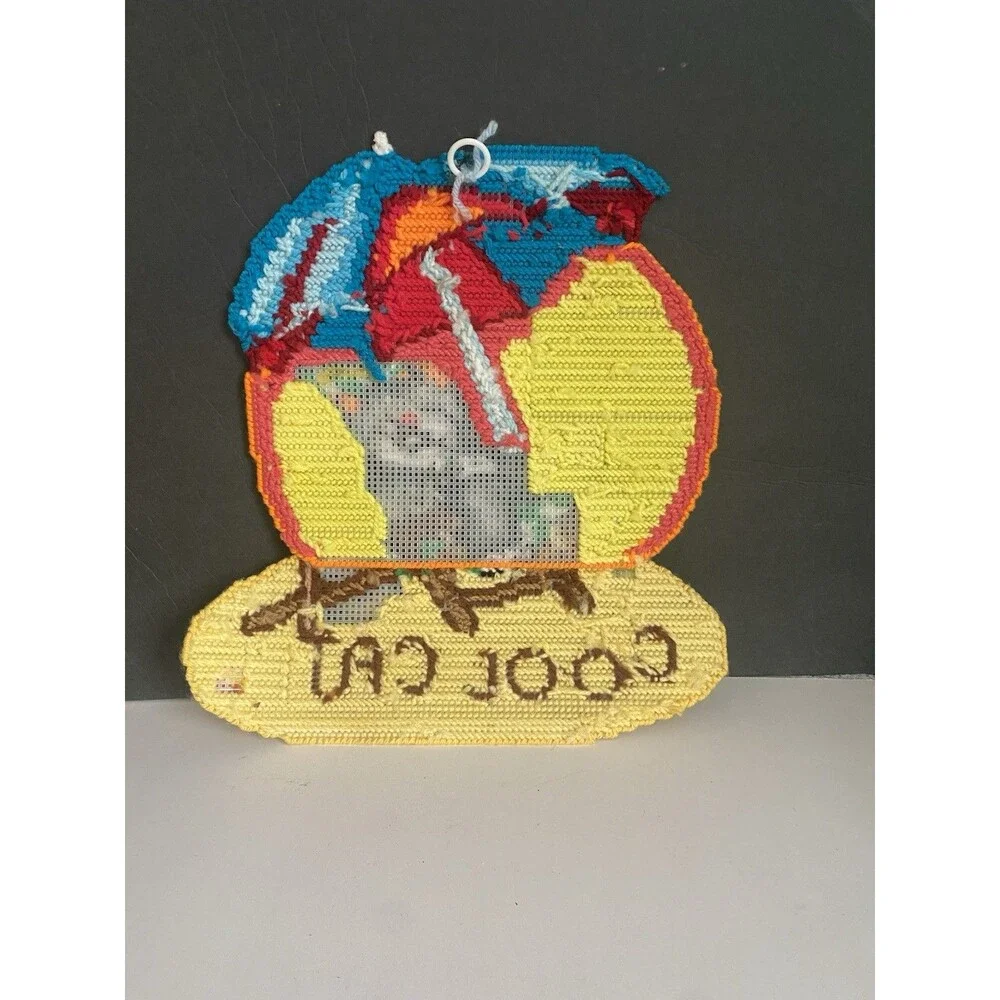 VTG  Cool Cat At The Beach Wall Hanging Needlepoint Plastic Canvas